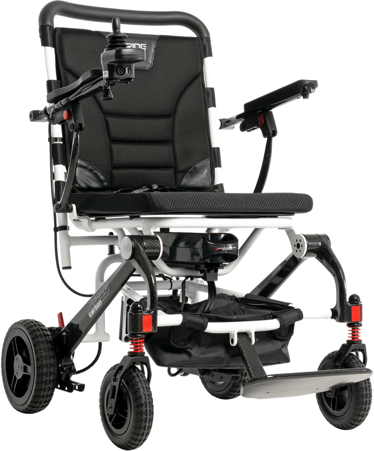 Pride Jazzy Carbon power wheelchair in White, complete front three-quarter studio view