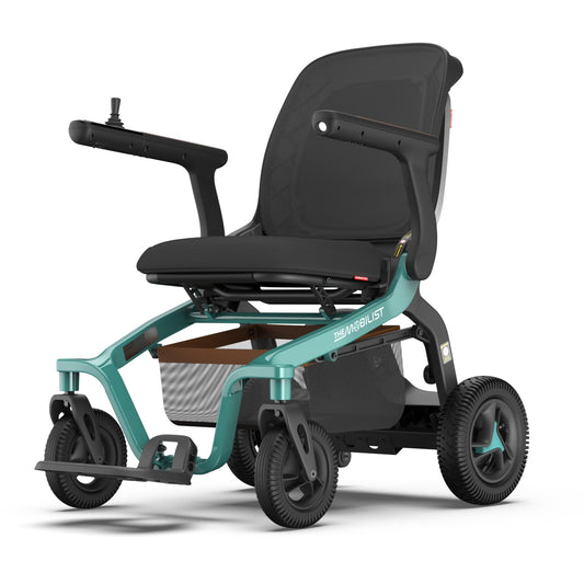 Robooter E40 folding power wheelchair in teal, front three-quarter view
