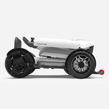 Robooter X40 electric wheelchair folded in its compact standing position for easy indoor storage.