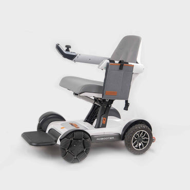 Robooter X40 side armrest pouch fitted to a white power chair, full side view