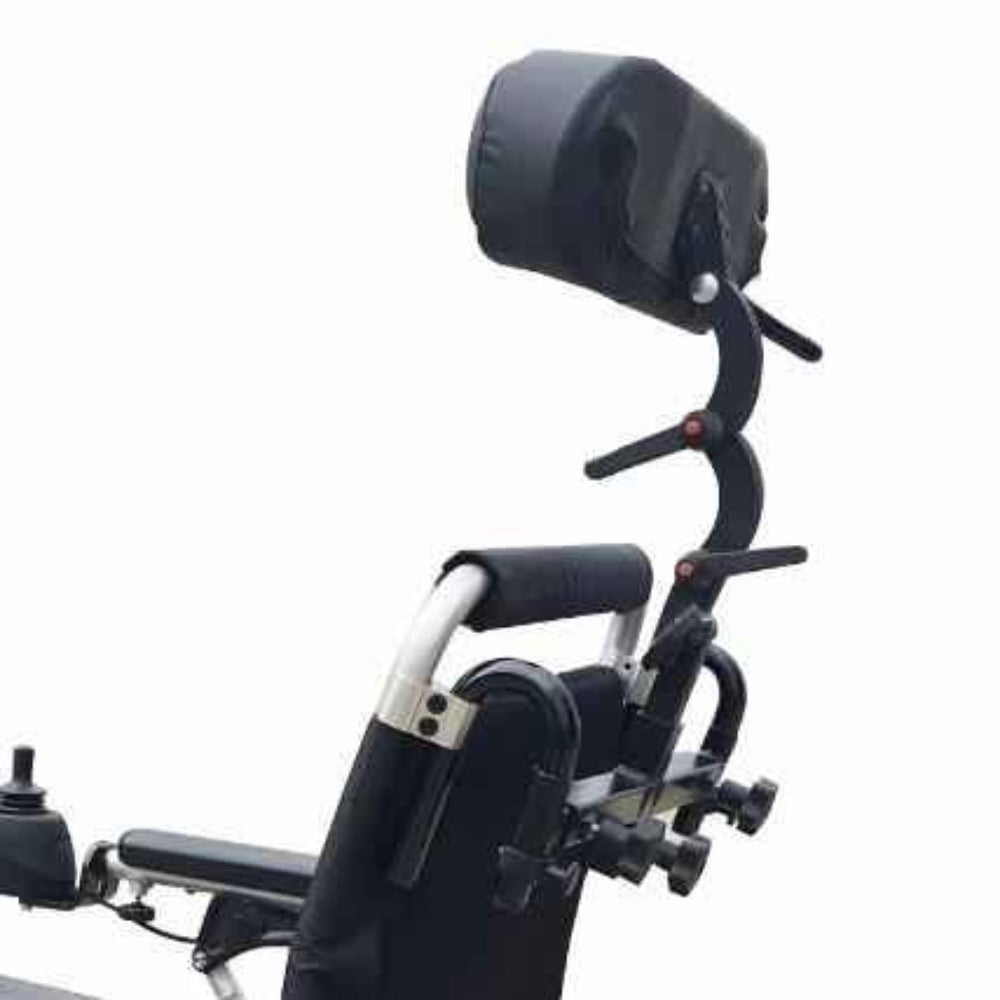 Angled view of the Travel Buggy adjustable headrest featuring a contoured cushion and versatile mounting hardware.