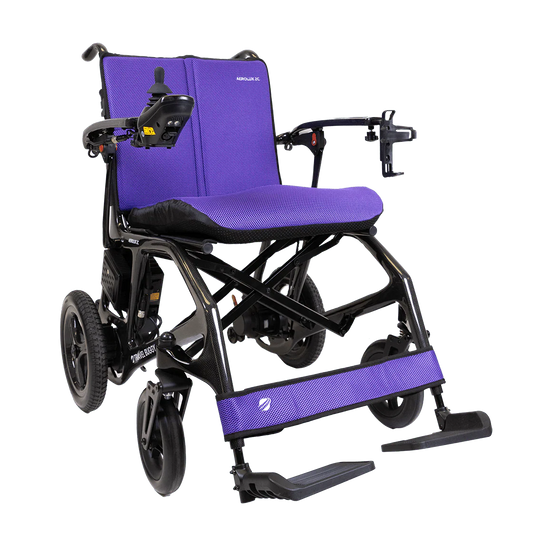 Vibrant purple 3-piece replacement cushion set installed on the Travel Buggy AEROLUX 2C power wheelchair.