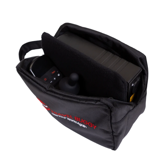Open Travel Buggy AEROLUX padded carry-on bag showing a battery and joystick safely stored inside.