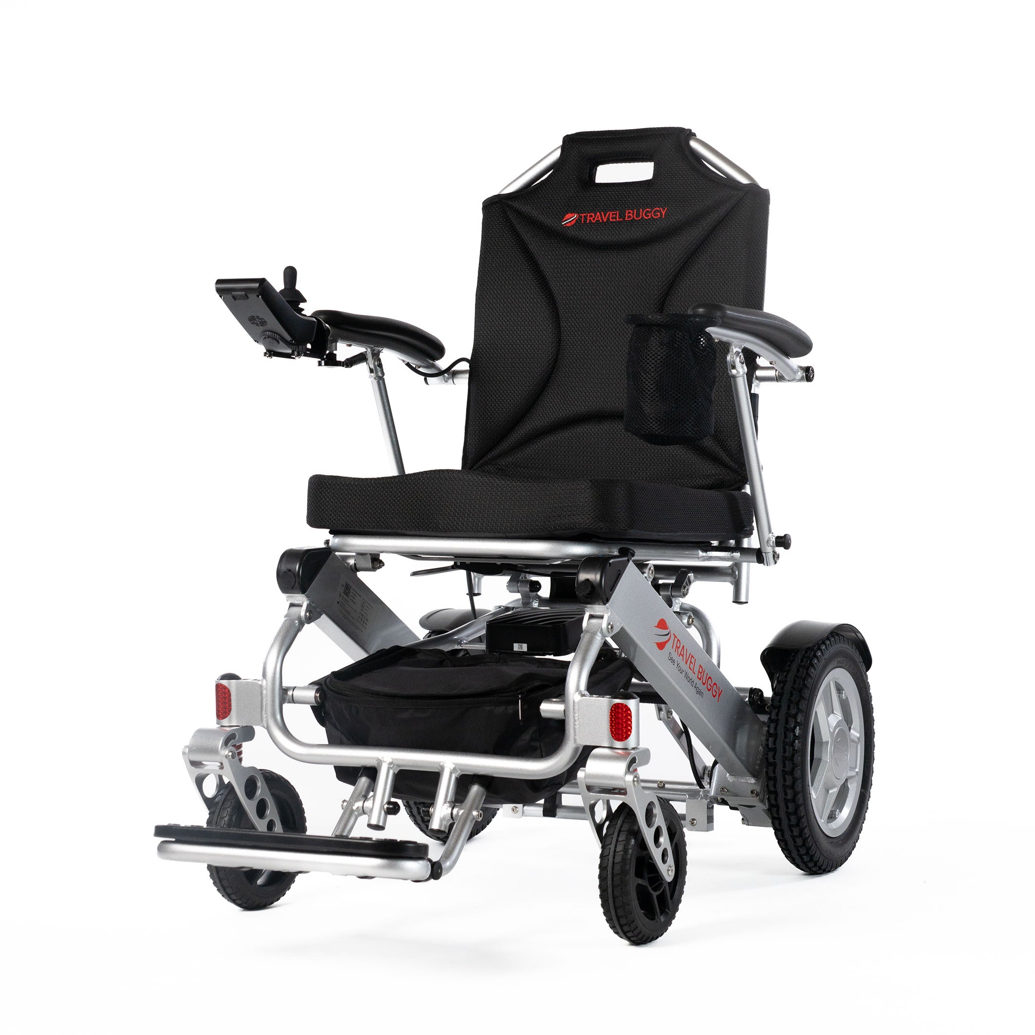 Travel Buggy CITY 2 PLUS folding power wheelchair in Silver, front left three-quarter view on a white background