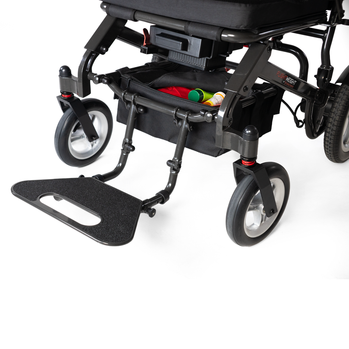 Under-seat storage compartment open on the Travel Buggy DASH 3
