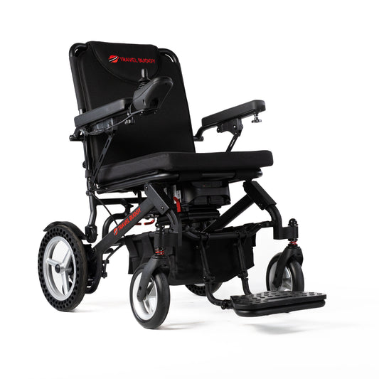 Travel Buggy DASH folding power chair, front-right three-quarter view on a white background