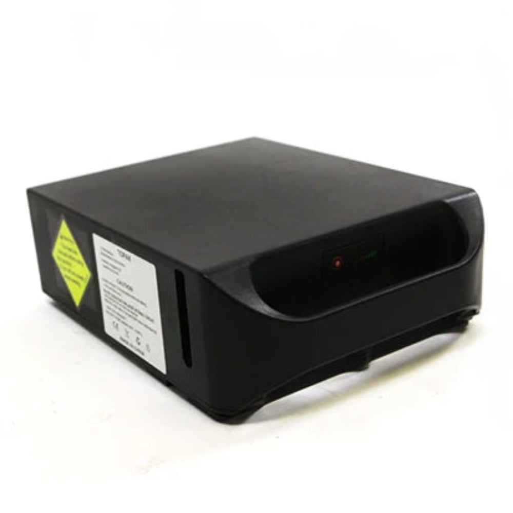 Side view showing the connector port on the Travel Buggy DASH series lithium-ion power wheelchair battery.
