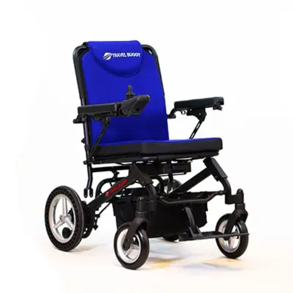 Deep blue high-quality replacement cushion set featured on the lightweight Travel Buggy DASH mobility chair.