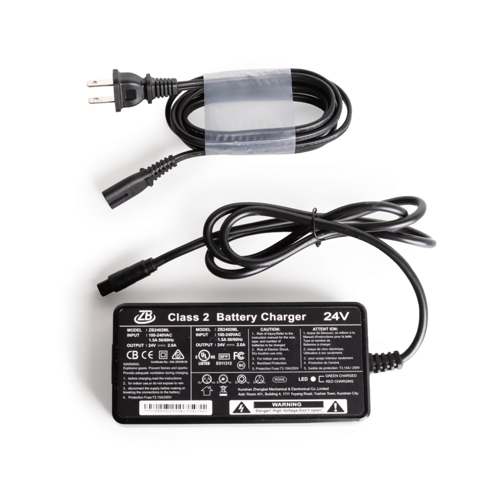 Black Travel Buggy Grand Tourer GT 24V 2.0A universal battery charger and power supply cord.