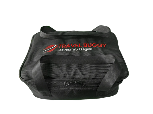 Black Travel Buggy GT dual-compartment carry-on bag designed for securely protecting the battery and joystick during travel.