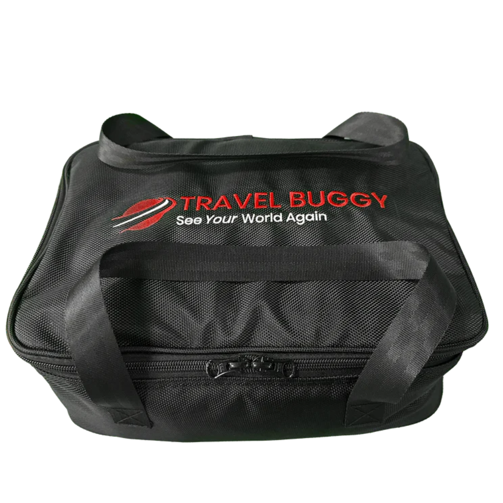 Black Travel Buggy GT dual-compartment carry-on bag designed for securely protecting the battery and joystick during travel.
