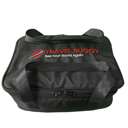 Black Travel Buggy GT dual-compartment carry-on bag designed for securely protecting the battery and joystick during travel.