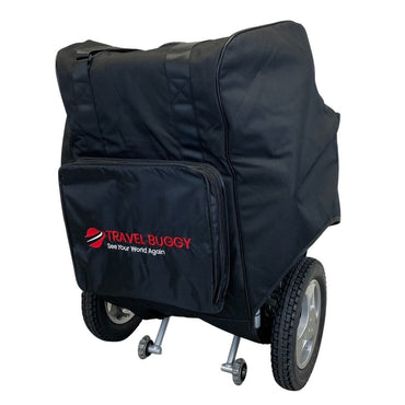 Side view of the Travel Buggy Grand Tourer GT secured in its black foldable transport case for safe travel.