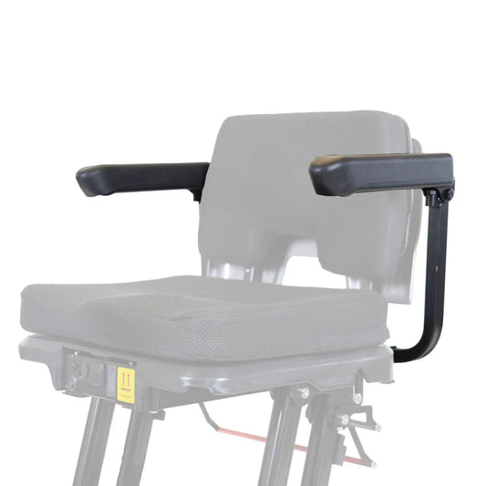 Grey mobility scooter seat featuring the black Travel Buggy Helix adjustable armrests with flip-up and width extension capabilities.