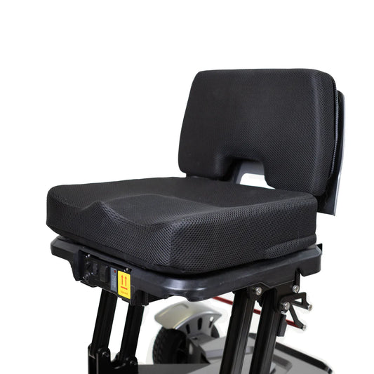 Travel Buggy Helix mobility scooter equipped with the deluxe 4-inch thick padded seat cushion for premium ergonomic riding comfort.