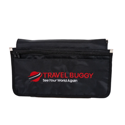 Front view of the Travel Buggy Multi-Pocket Armrest Organizer featuring the red logo on durable black fabric.