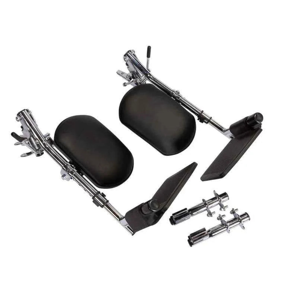 Pair of Travel Buggy orthopedic adjustable elevating leg rest extensions featuring padded calf supports and sturdy footplates.