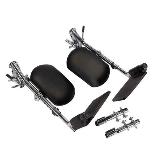 Pair of Travel Buggy City Series orthopedic elevating leg rests and mounting hardware, isolated studio view