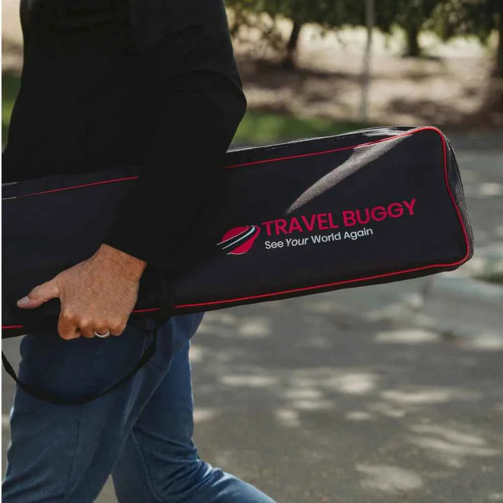 Travel Buggy lightweight retractable ramps folded down and stored in the included heavy-duty carry bag.