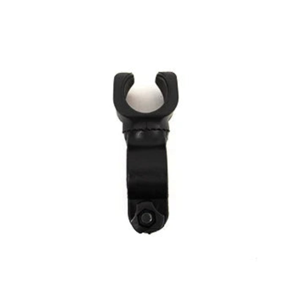 Black Travel Buggy universal cane holder bracket designed for easy rear-mounting on mobility chairs.