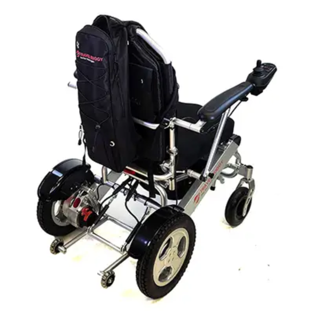 Rear angled view of the Travel Buggy universal oxygen tank bag attached to the frame of a folding electric wheelchair.