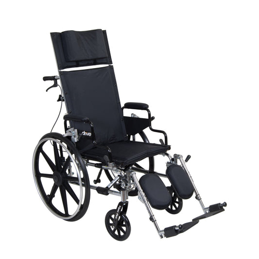 Drive Medical Viper Plus reclining wheelchair upright with headrest and elevating leg rests, front three-quarter view