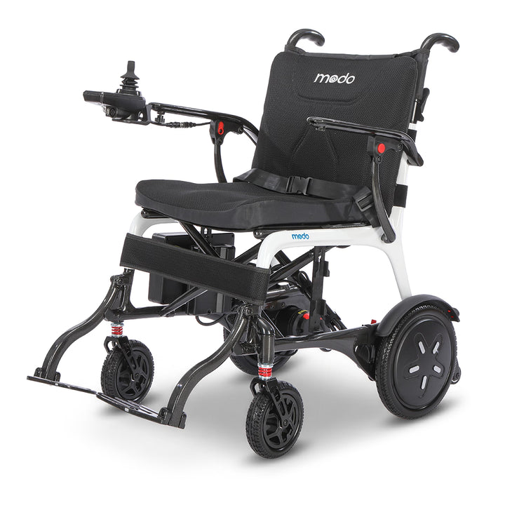 WHILL MODO Breeze carbon-fibre folding power wheelchair, three-quarter front studio view