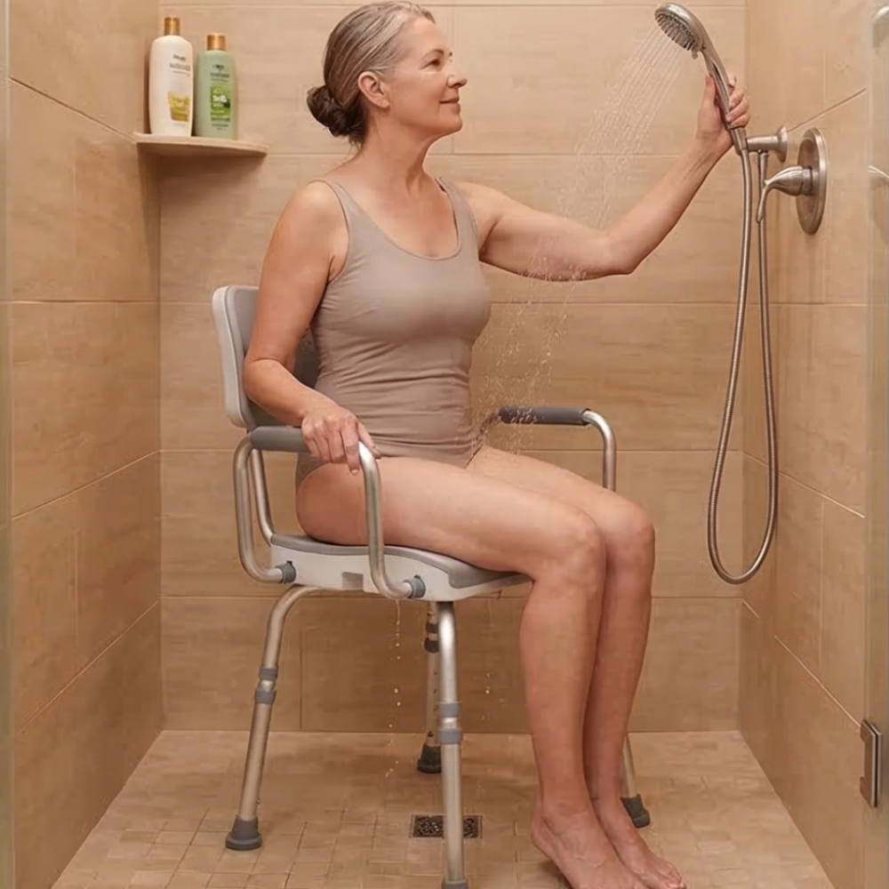 Lifestyle shot of a woman comfortably showering while securely seated on the rotating MOBB shower chair.