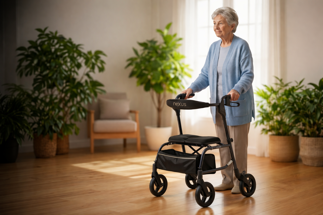 Senior woman using a rollator walker at home in Canada