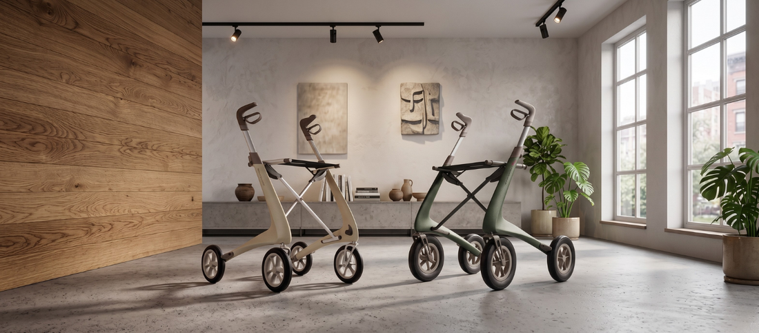 Two premium byACRE carbon fiber rollators—the Pearl White Ultralight and the Oyster Grey Overland—facing each other in a sunlit, modern Canadian living room with hardwood floors and large windows.