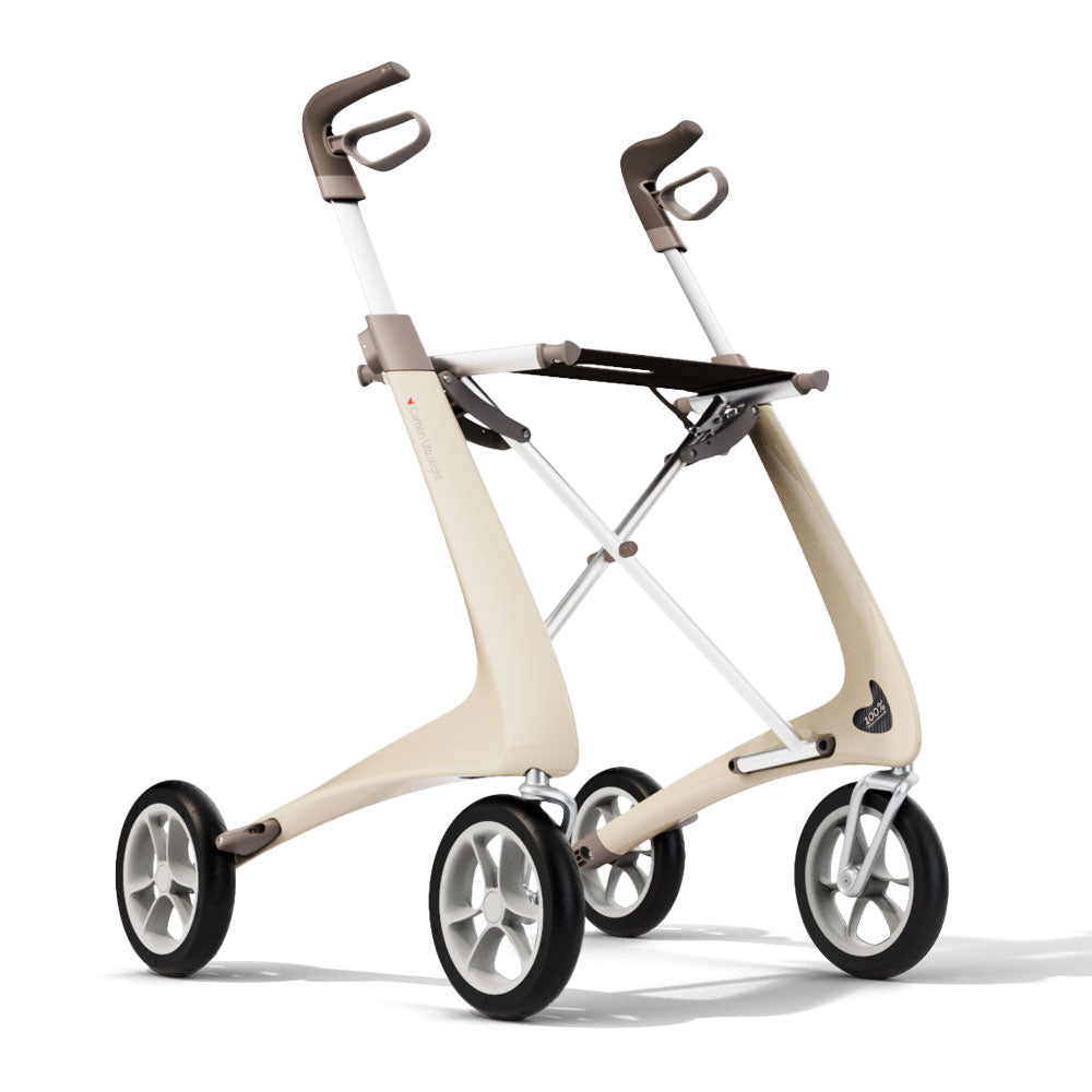 Carbon Ultralight Rollator by byACRE in white, featuring ergonomic handles, minimalist frame, and large wheels for lightweight everyday mobility