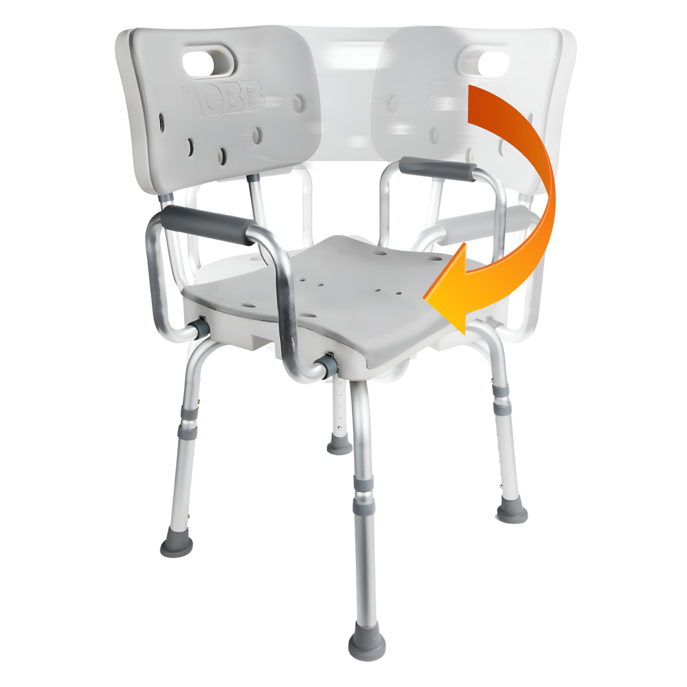 Swivel Shower Chair 3.0 by MOBB with 360-degree rotating seat, adjustable height legs, padded armrests, and backrest for safe and easy bathroom use