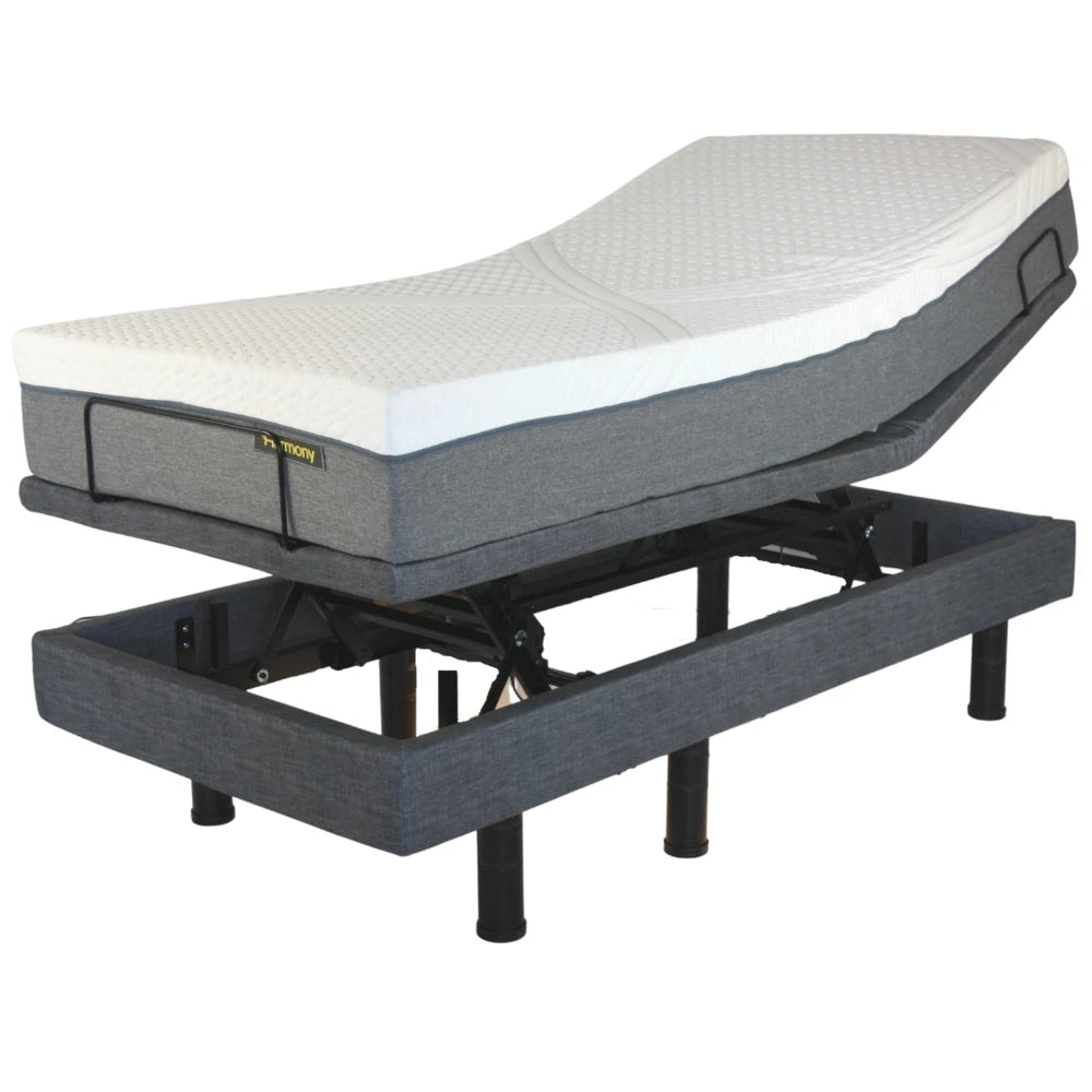 Harmony Hi-Low adjustable bed with upholstered frame, electric lift base, and memory foam mattress for home care and senior comfort
