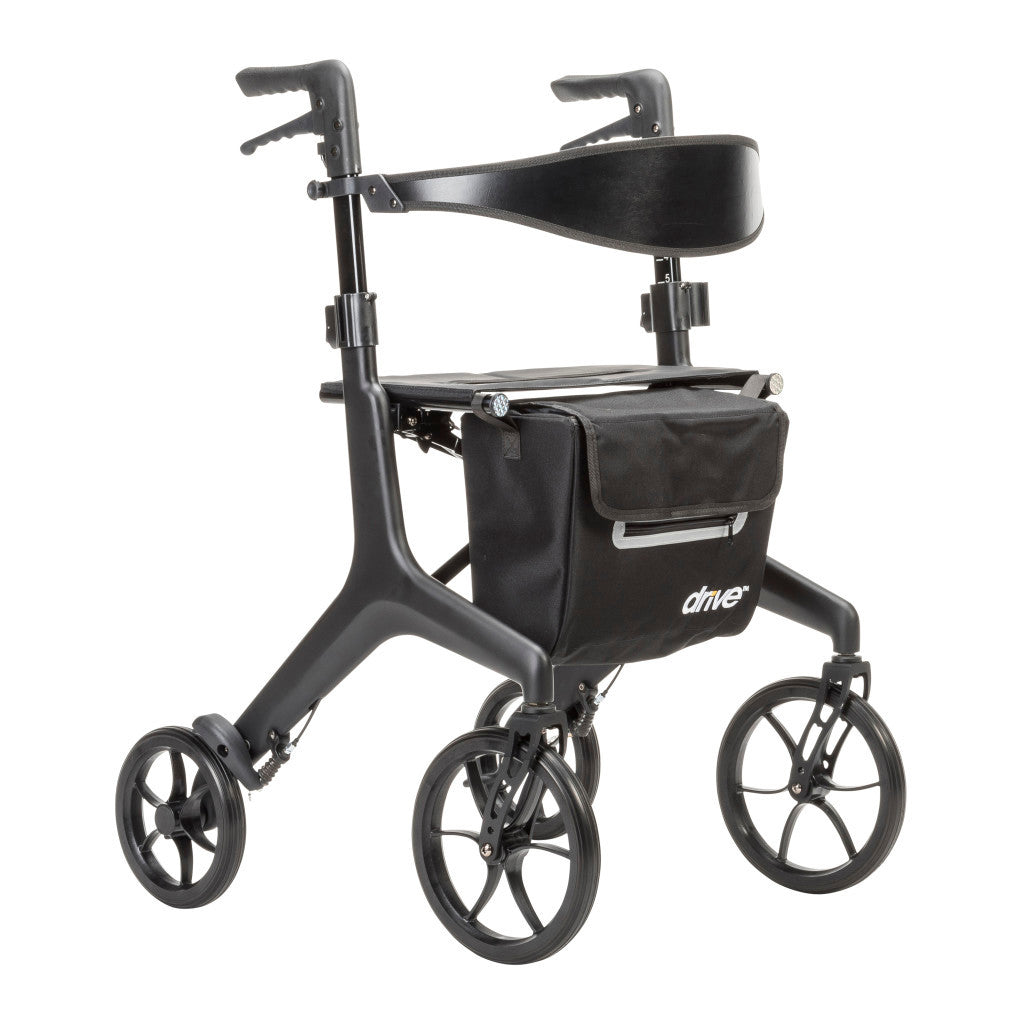 Drive Medical AeroCarbon Ultra-Lite Rollator in black, 11.5 lb carbon fiber four wheel walker with seat and backrest