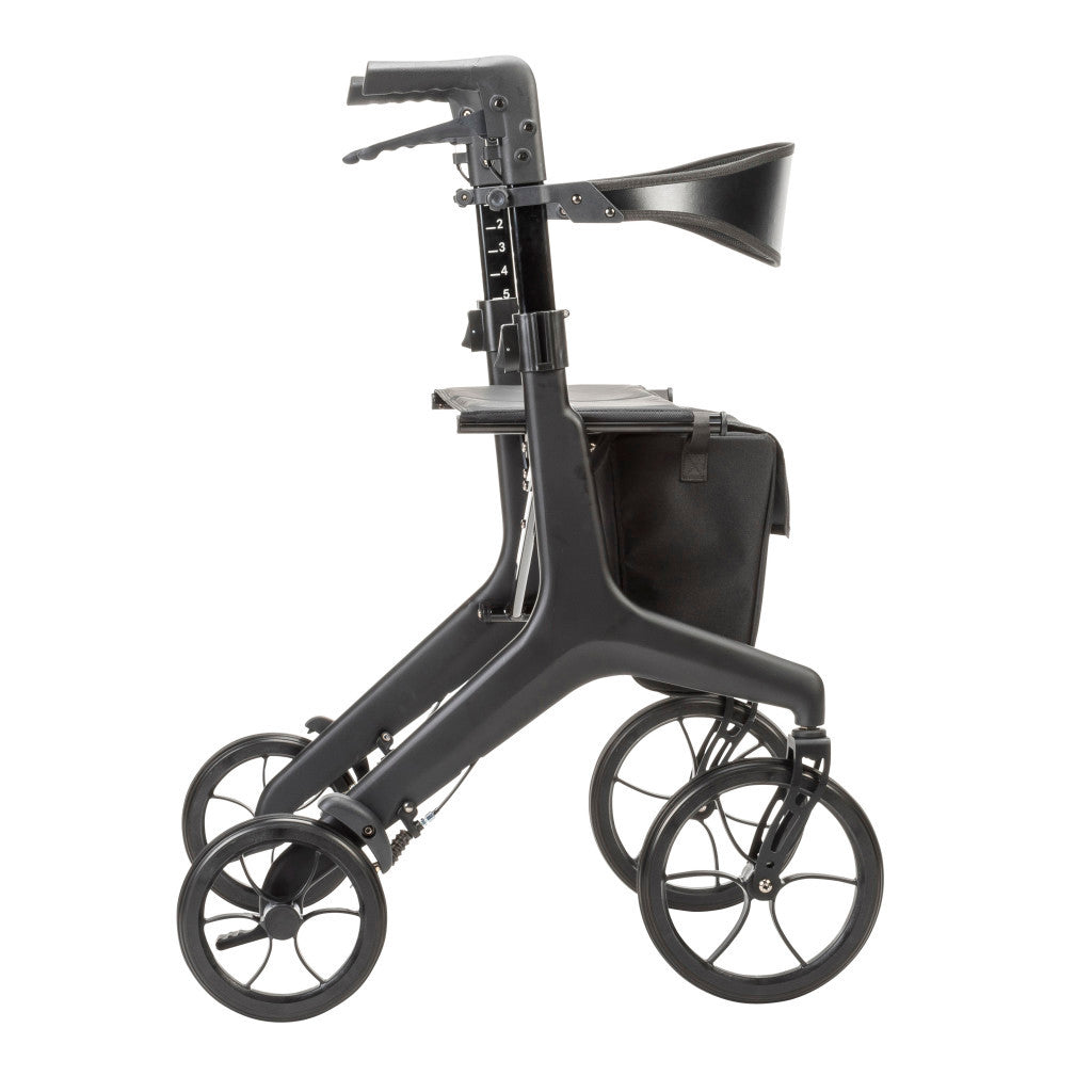 Side view of the black Drive Medical AeroCarbon carbon fiber rollator with the seat folded and the backrest raised