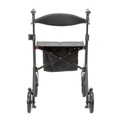 Front view of the Drive Medical AeroCarbon Ultra-Lite Rollator showing the 17.5 inch seat, ergonomic backrest and hand grips