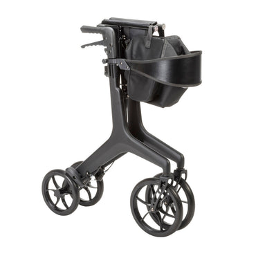 Drive Medical AeroCarbon Ultra-Lite Rollator folded, showing how narrow it becomes for a car trunk or closet