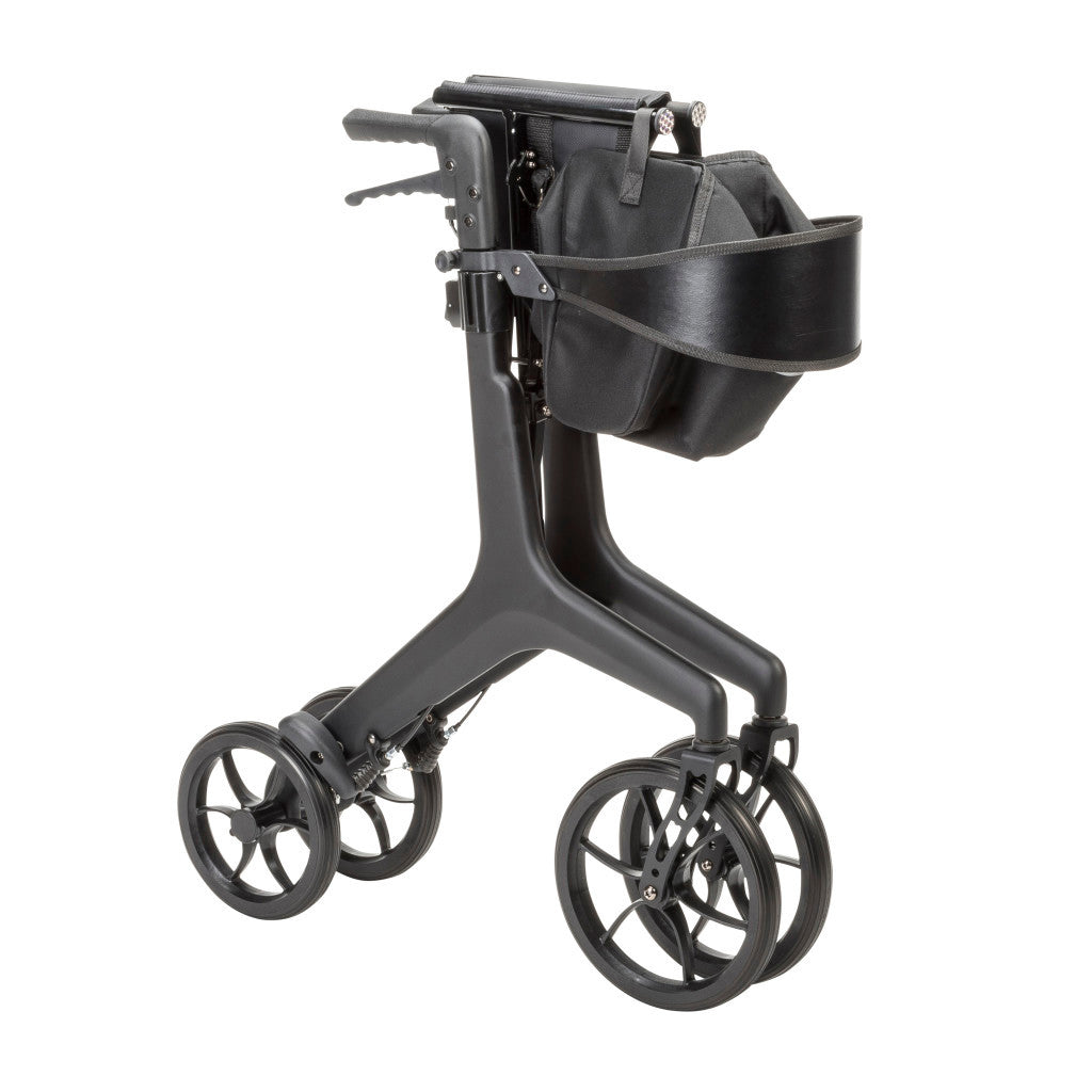 Drive Medical AeroCarbon Ultra-Lite Rollator folded, showing how narrow it becomes for a car trunk or closet