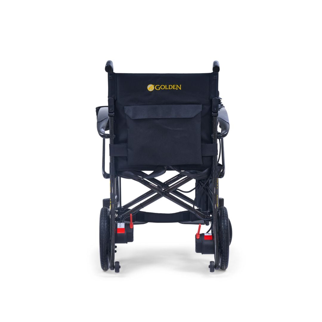 Golden Cricket LT GP309 power wheelchair rear view with 11 inch drive wheels and anti-tip wheels