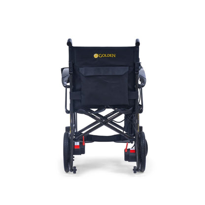 Golden Cricket LT GP309 power wheelchair rear view with 11 inch drive wheels and anti-tip wheels