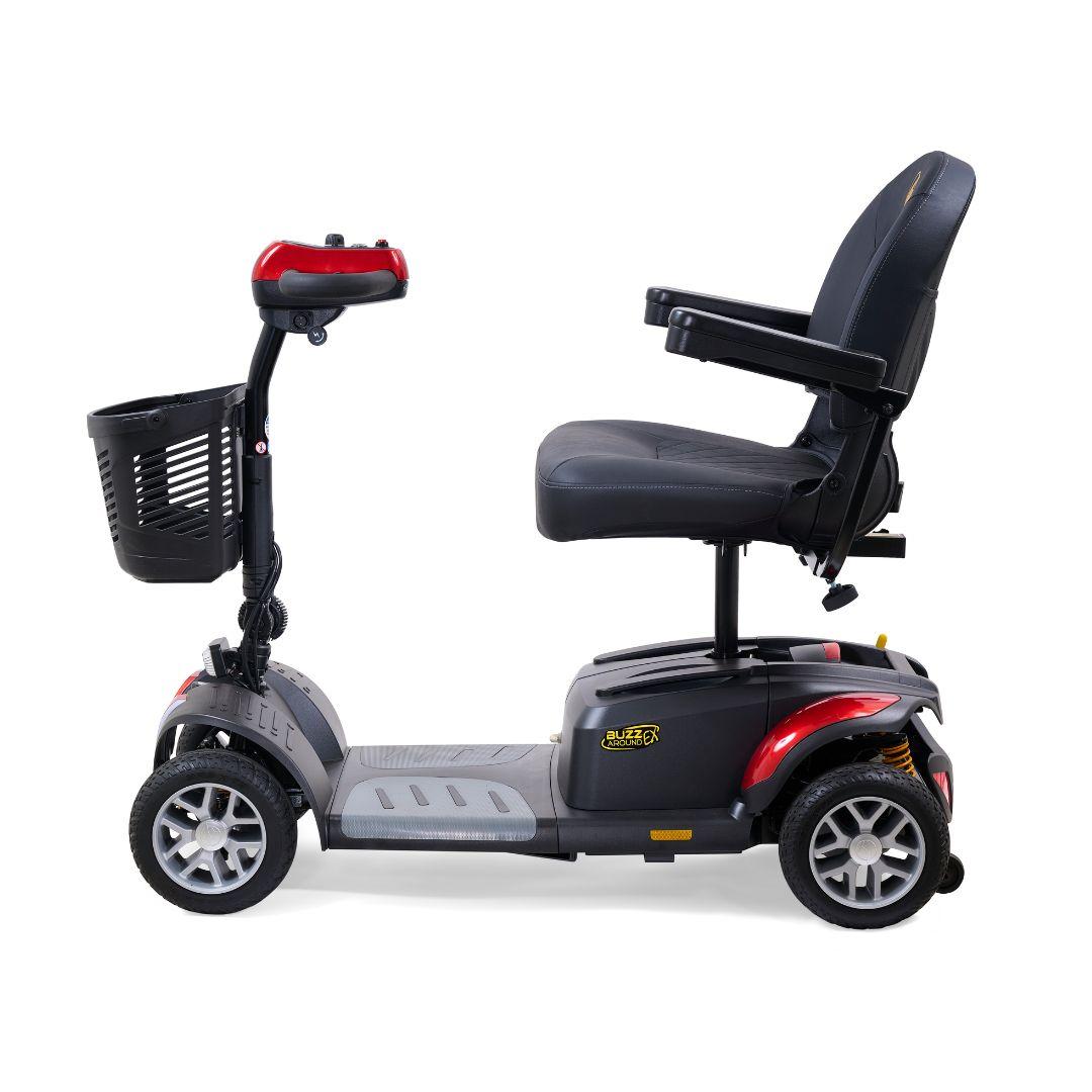 Golden Buzzaround EX GB148 4-wheel travel scooter in Red, side view on white