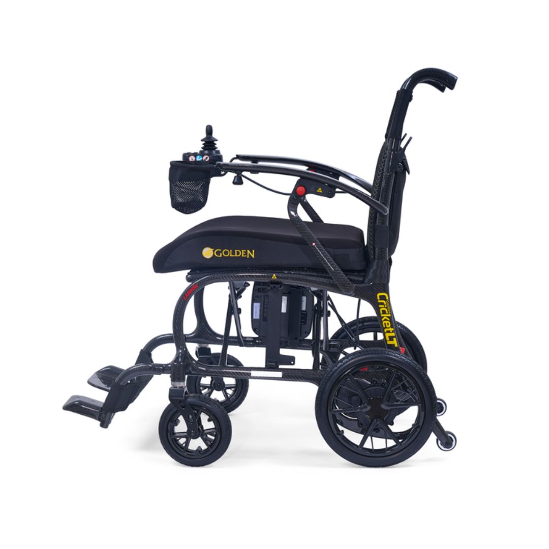 Golden Cricket LT GP309 carbon fibre folding power wheelchair Canada, side view unfolded