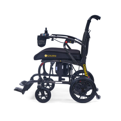 Golden Cricket LT GP309 carbon fibre folding power wheelchair Canada, side view unfolded