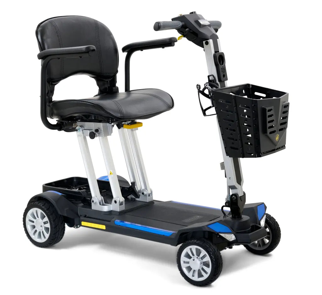 Side-angled view of the Golden Technologies Buzzaround CarryOn travel mobility scooter in blue, featuring a comfortable stadium-style seat.