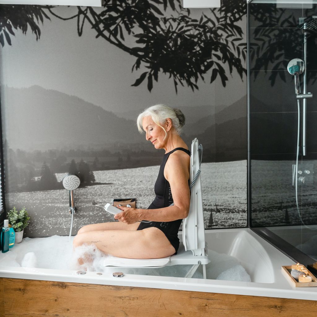 Drive Medical Bellavita Dive Bath Lift in use with reclining backrest