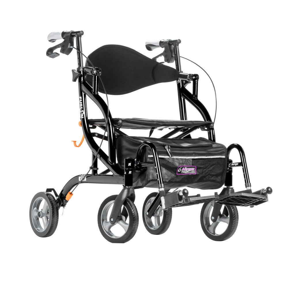Angled view of the black Airgo Fusion F20 set up in transport chair mode with footrests attached.