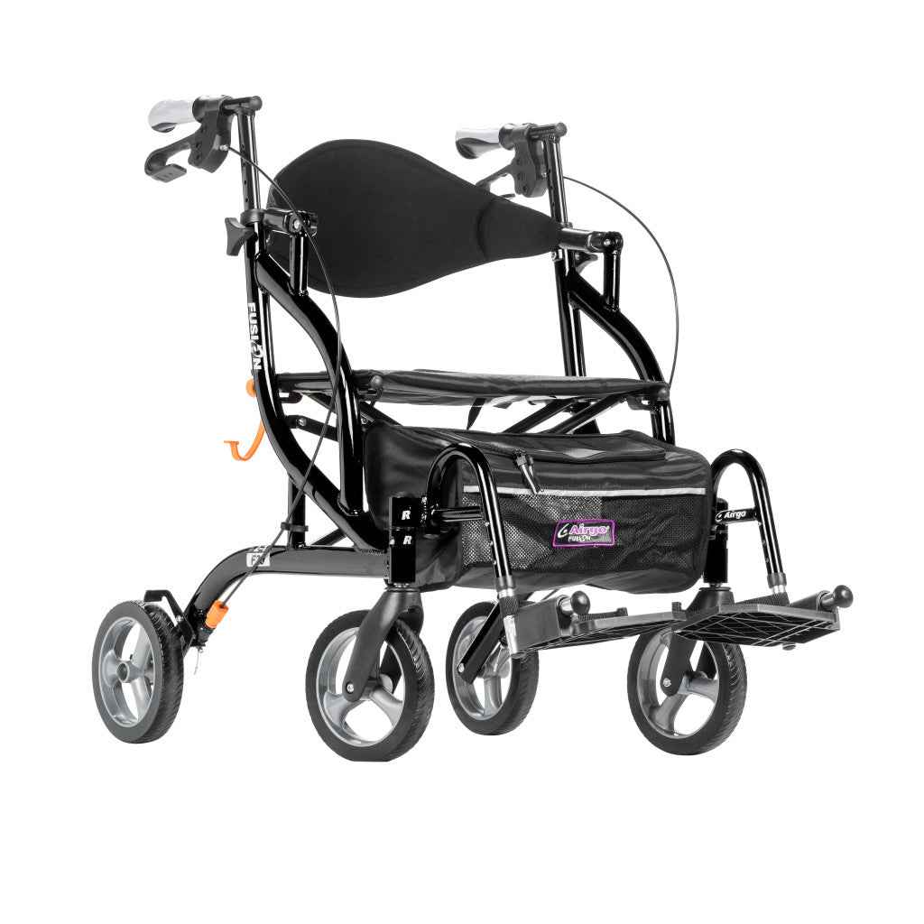 Airgo Fusion F20 in black showing the 2 in 1 rollator and transport chair design.