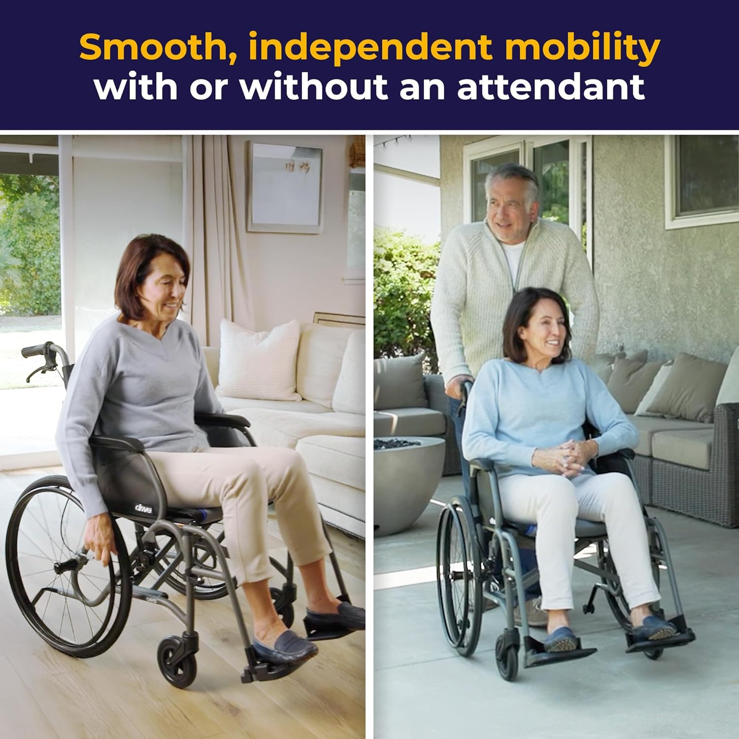 AeroFly Ultra-Lite in use at home, self-propelled or pushed by a caregiver