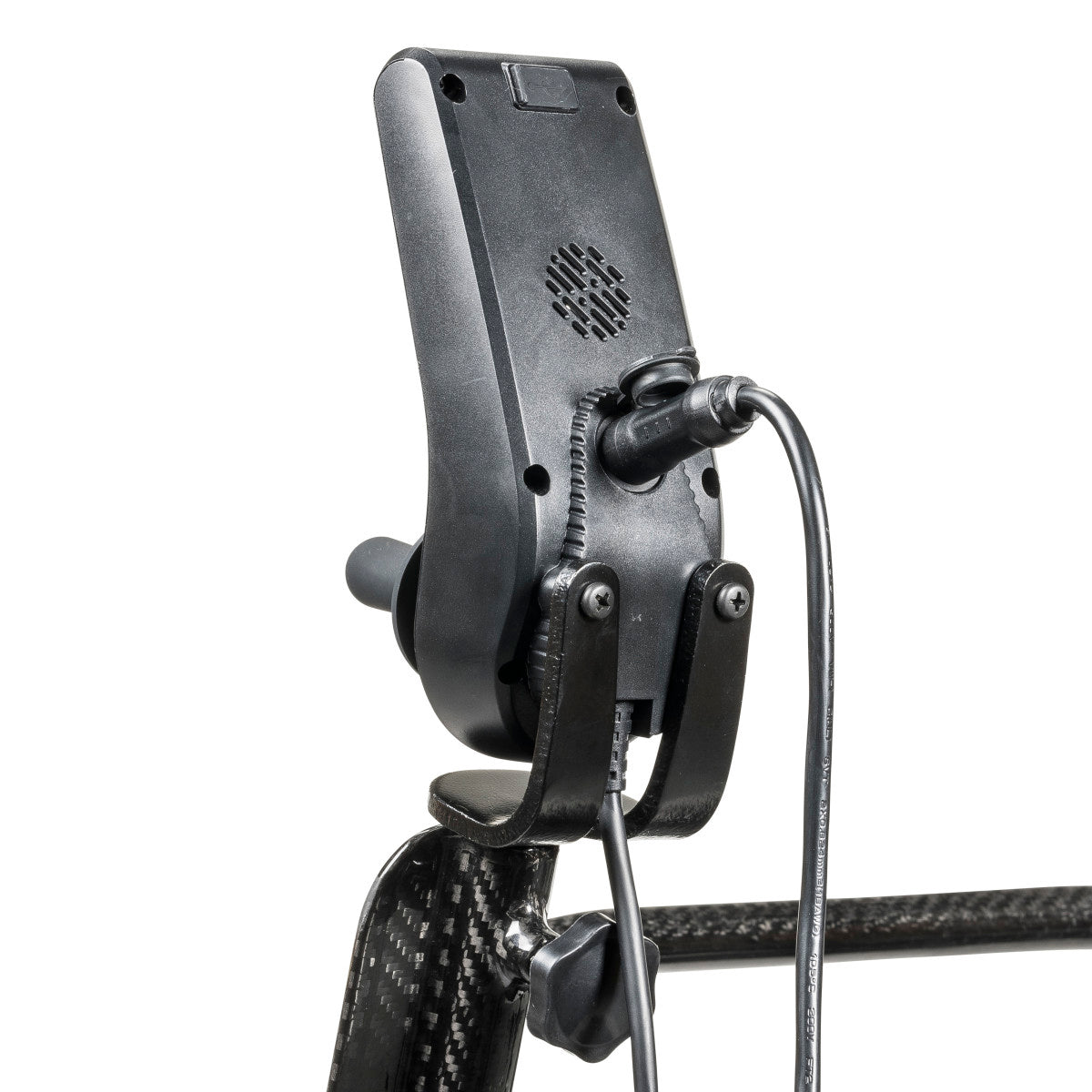 Close-up of the CarbonTouch joystick mount on the carbon fiber armrest