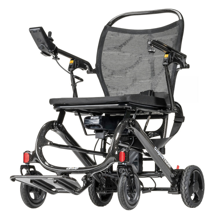 Drive Medical CarbonTouch carbon fiber folding power wheelchair, front three-quarter view